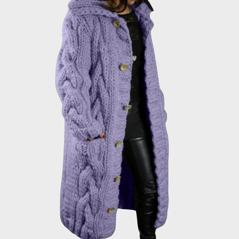 Lavender cable-knit hooded cardigan with button front and long sleeves.