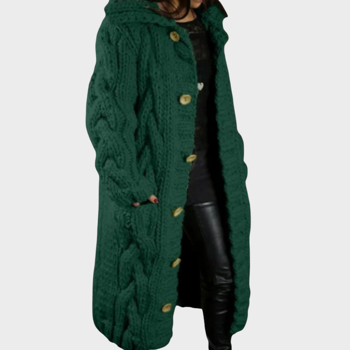 Green cable-knit cardigan with button front and long sleeves