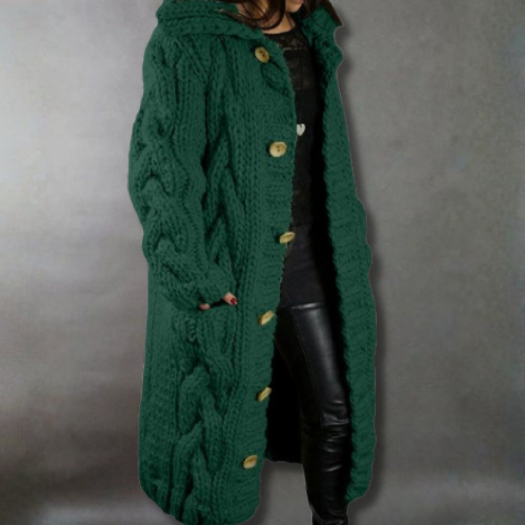 Green long knit hooded vest with cable pattern and button-front closure