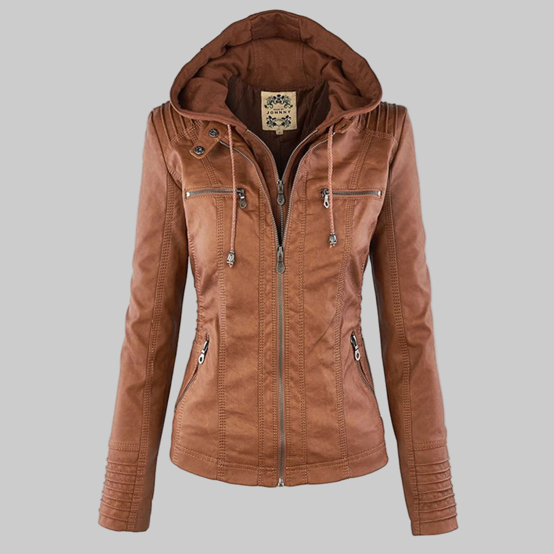 Tan sport jacket with detachable hood, full-zip front, and drawstring chest pockets