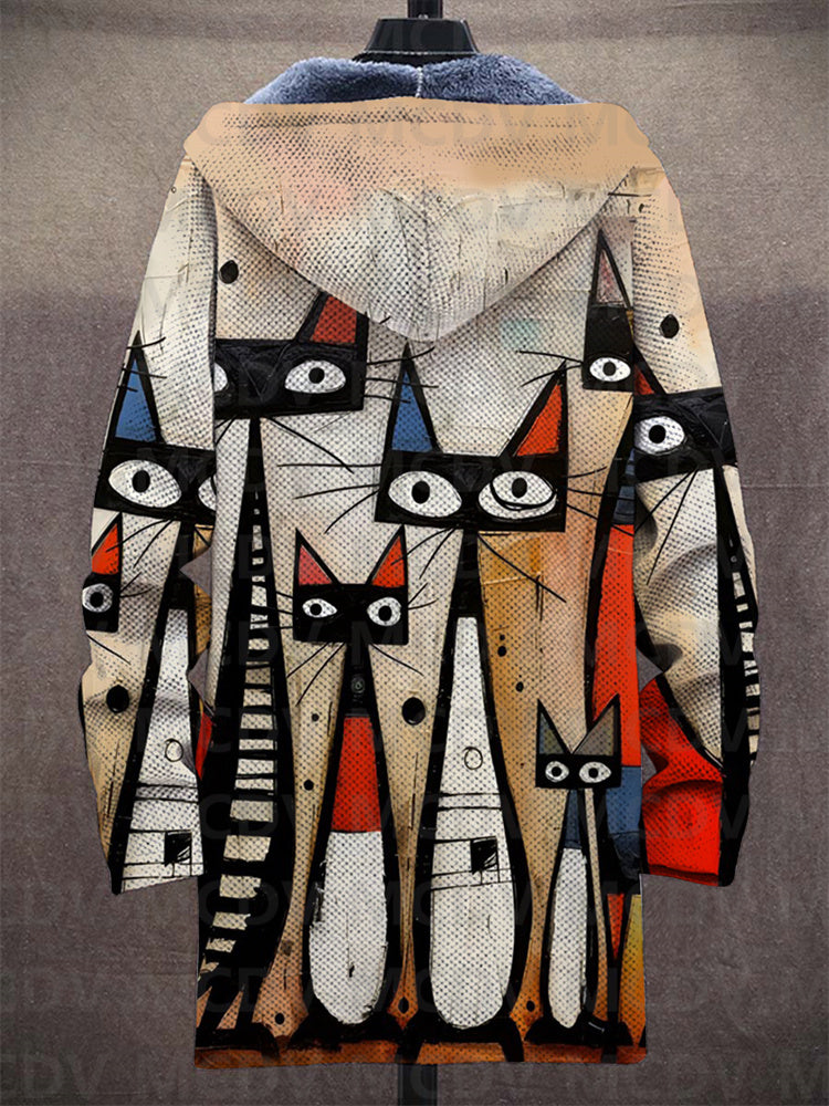 Multicolor hooded zip-up cardigan, back view with abstract animal face artwork