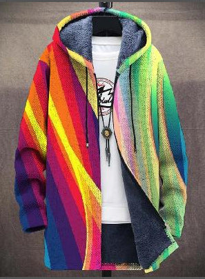 Multicolor striped luxury cardigan with hood, front buttons, and graphic knit pattern