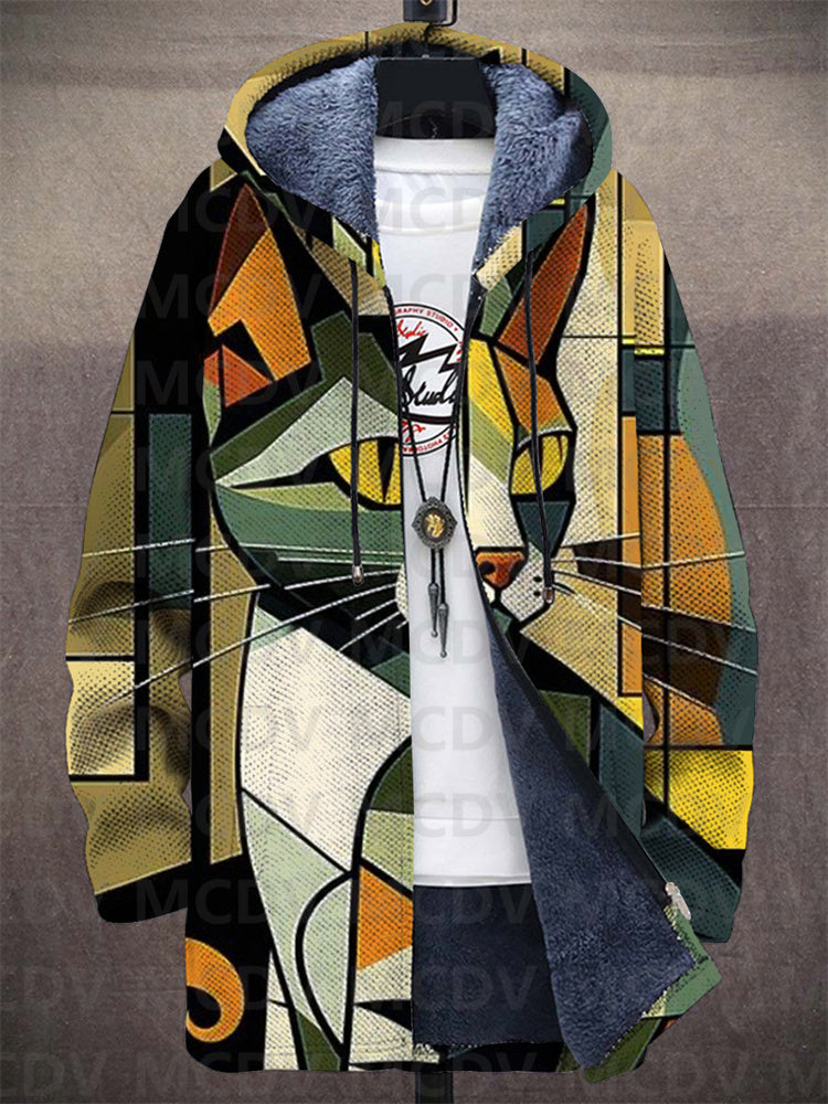 Zip-front hooded cardigan with multicolor abstract cat print and dark faux-fur trim