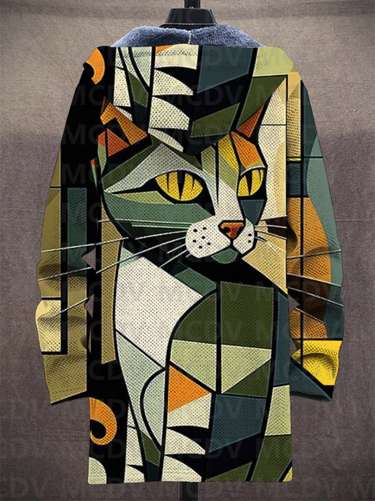 Zip-front hooded cardigan with large cat face artwork on multicolor abstract panels