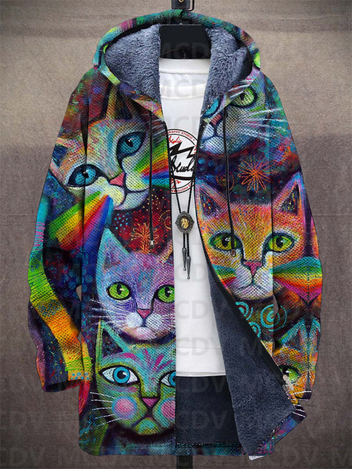 Zip-front hooded cardigan with vibrant multicolor cat face print and teal hood trim