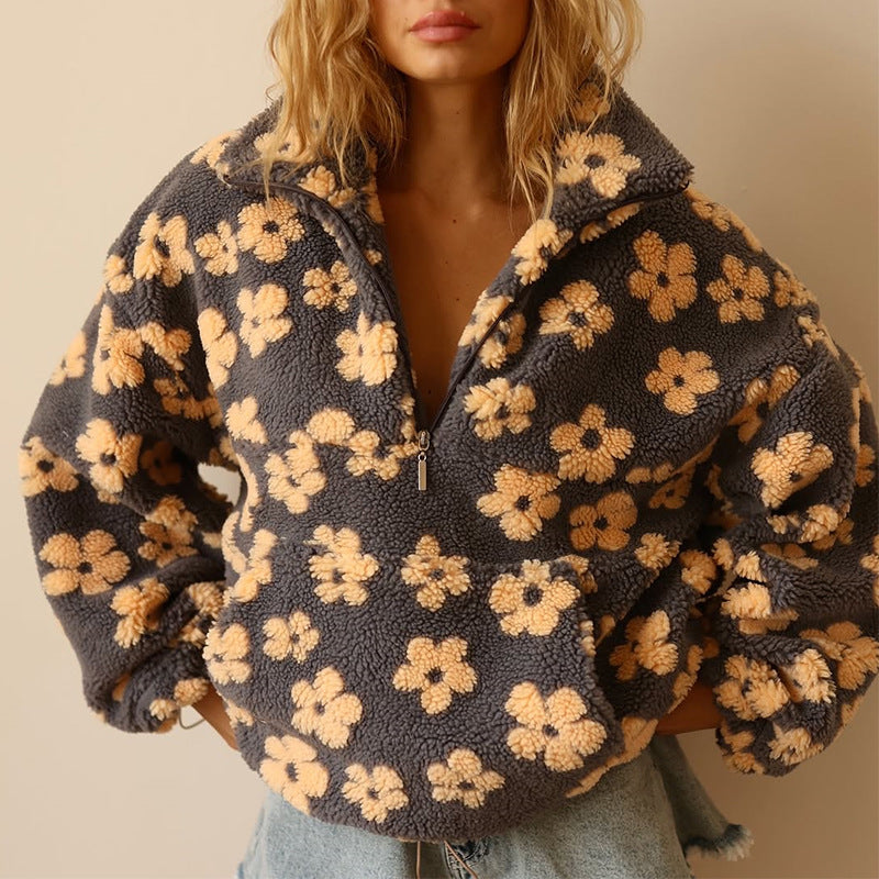 Floral fleece half-zip pullover with hood, dark with light tan and gold flower print