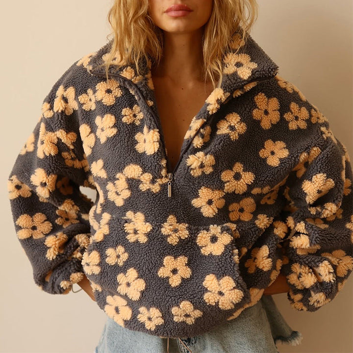 Floral fleece half-zip pullover with hood, dark with light tan and gold flower print