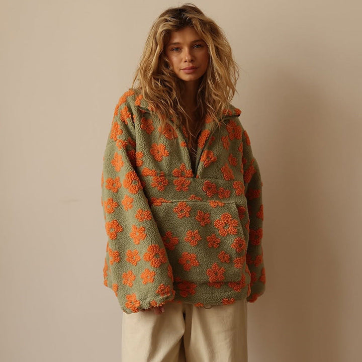 Floral fleece half-zip pullover with hood, sage green with orange flower print