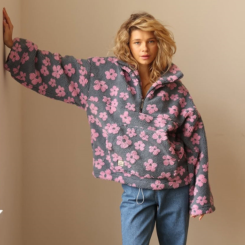 Floral fleece half-zip pullover with hood, dark gray with pink flower print