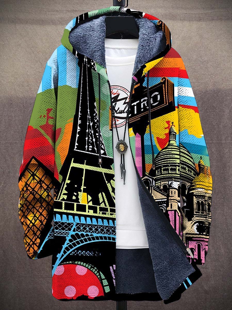 Open-front hooded cardigan with abstract multicolor print and dark trim