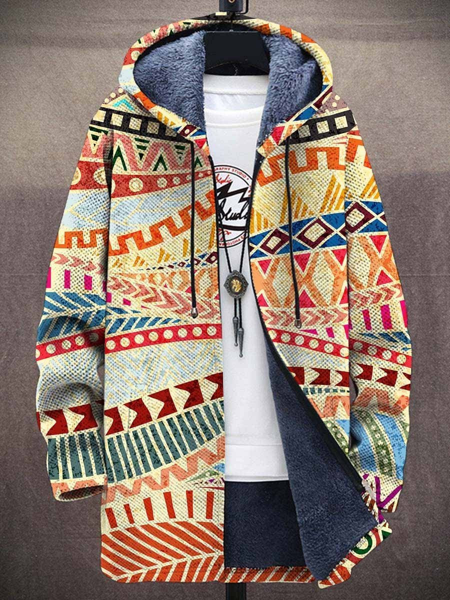 Mirrin™ luxury artistic cardigan, multicolor geometric pattern, hood, zip front