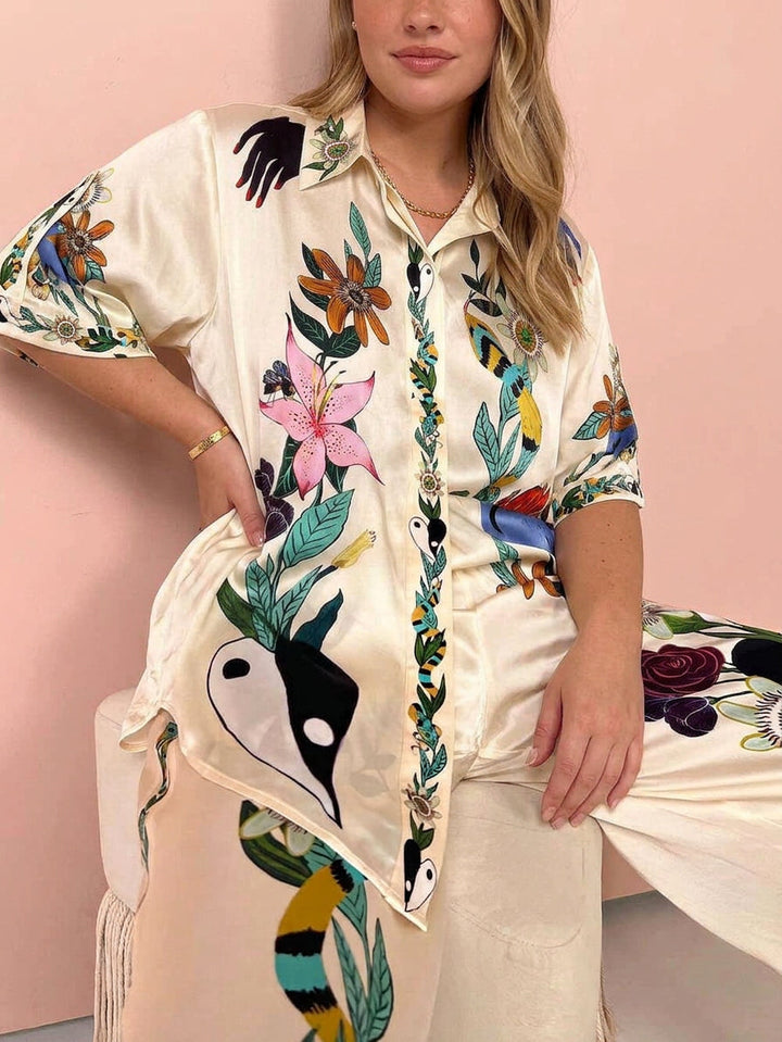 Nika | Resort Vibes Satin unique print shirt &amp; trousers set Fit
