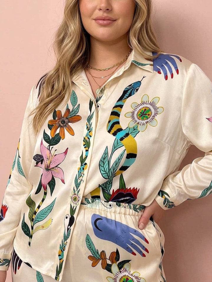 Nika | Resort Vibes Satin unique print shirt &amp; trousers set Fit