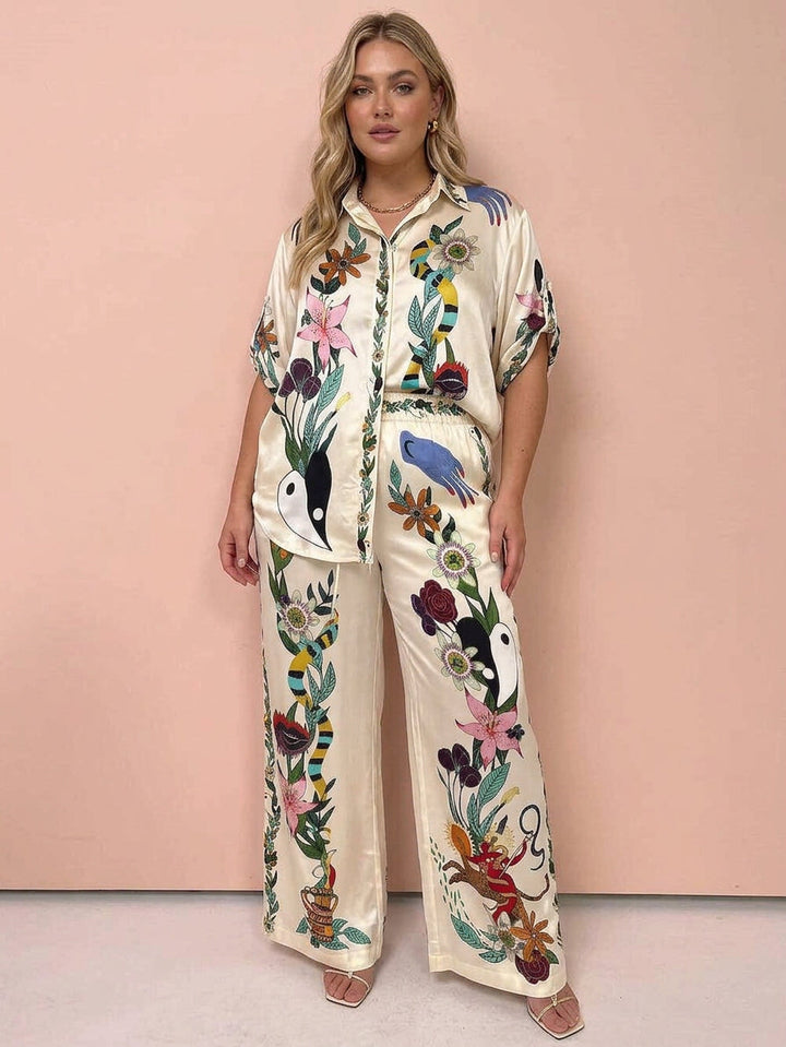 Nika | Resort Vibes Satin unique print shirt &amp; trousers set Fit