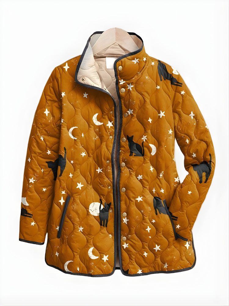Quilted jacket in dark brown with white star print, stand collar, front zip