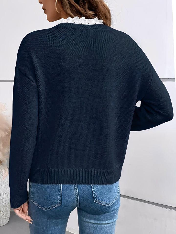 Kaitlyssa ™ navy knit sweater back view, ribbed hem and long sleeves