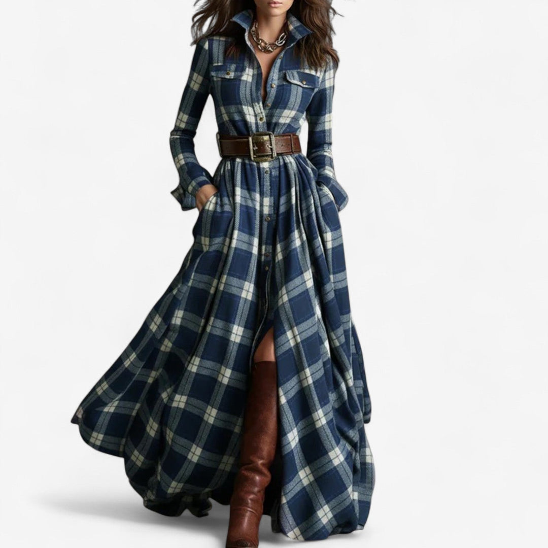 Blue plaid maxi shirt dress with button front and waist belt