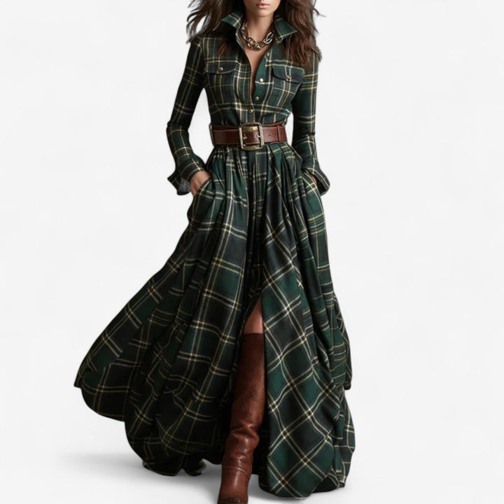 Green plaid maxi shirt dress with button front and waist belt