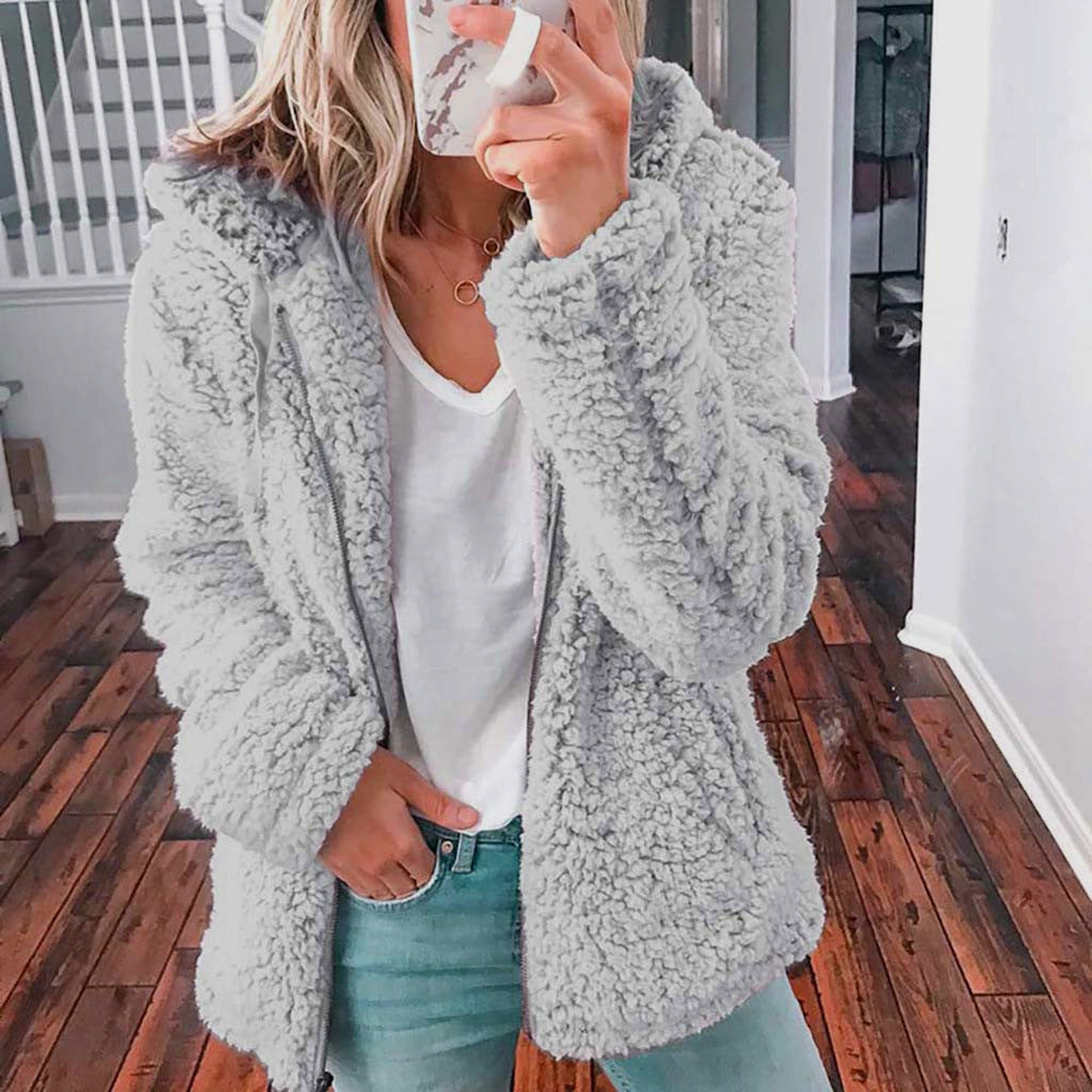 Light gray sherpa hooded coat with full zipper, plush teddy fleece, long sleeves