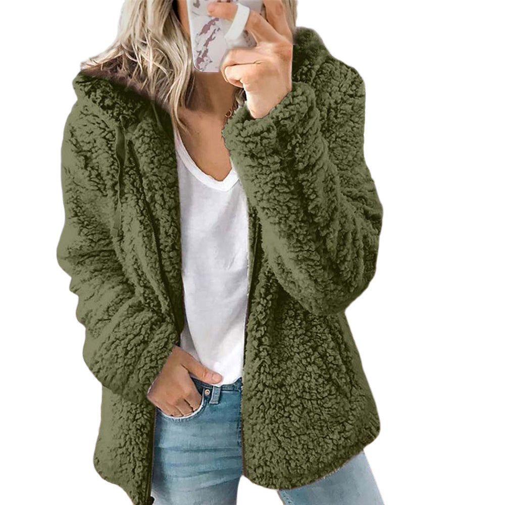 Green sherpa hooded coat with zip front, textured fleece, and long sleeves