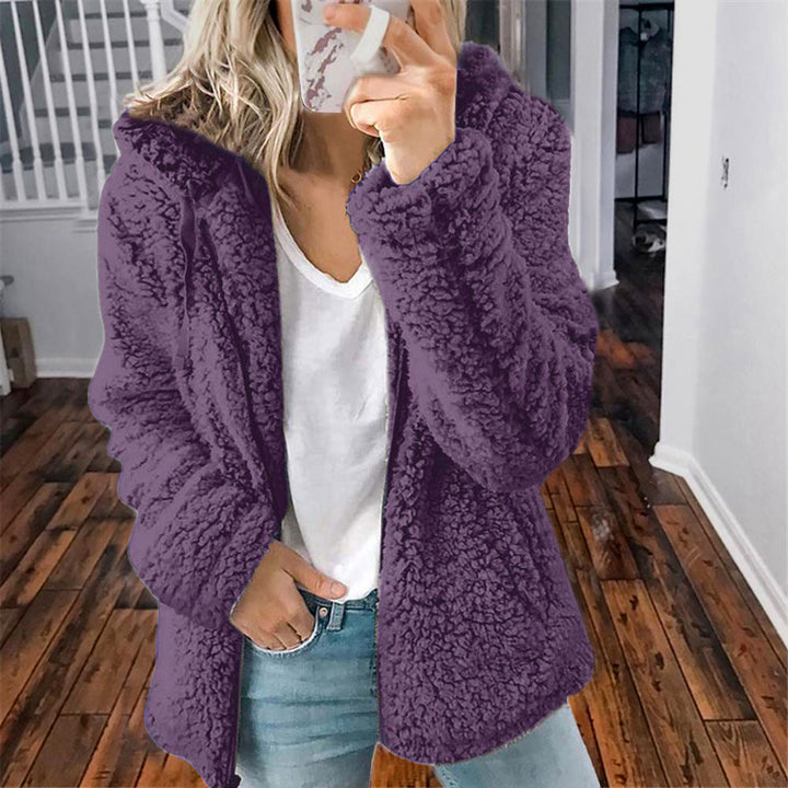 Rich purple sherpa hooded coat with zip front and long sleeves