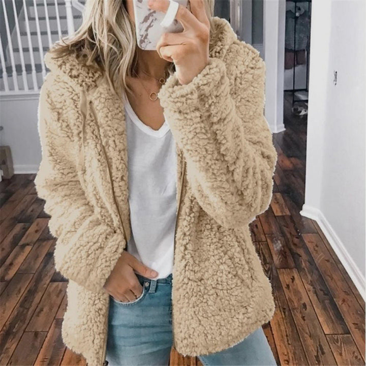 Beige sherpa hooded coat with full front zipper and long sleeves
