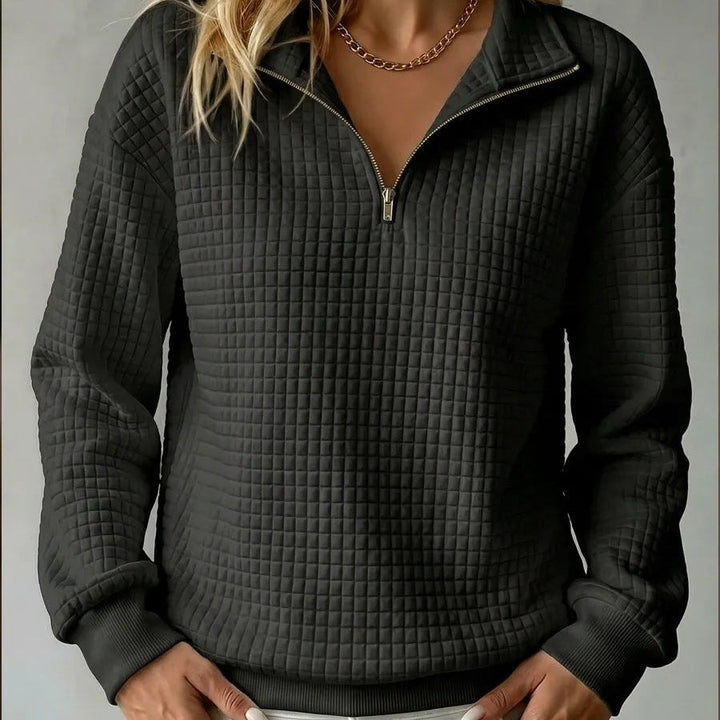 Black quilted quarter-zip sweater with stand collar, zip front, and ribbed cuffs