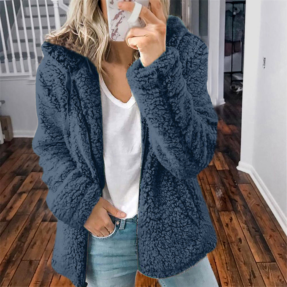 Dark blue sherpa hooded coat with zip front and thick textured fleece