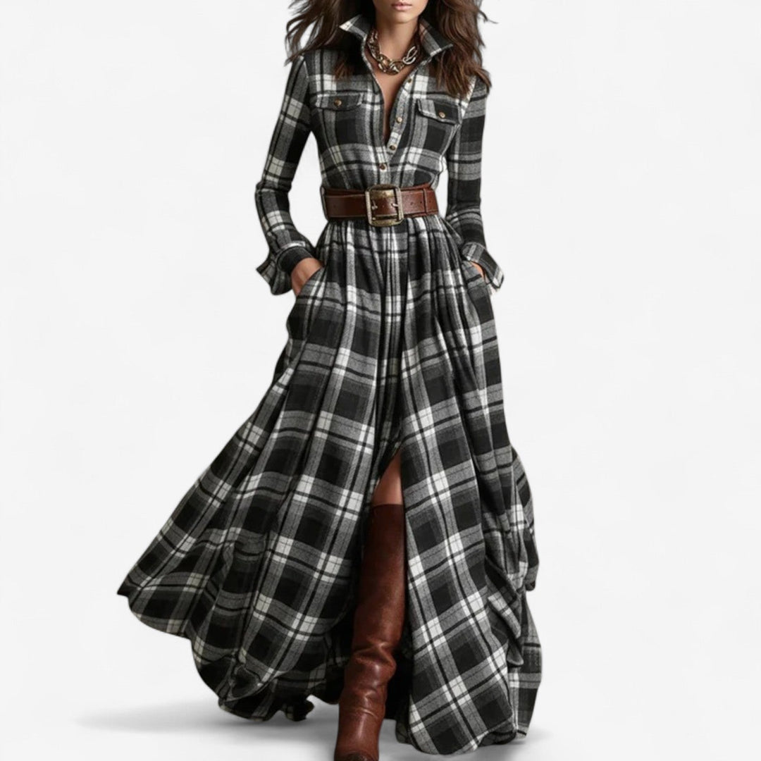 Black-and-white plaid maxi shirt dress with button front and waist belt