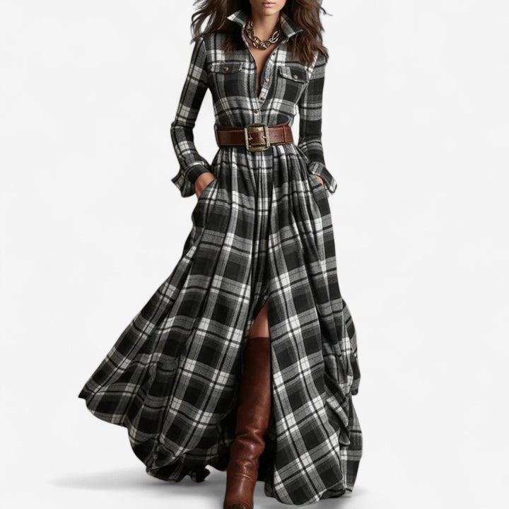 Black-and-white plaid maxi shirt dress with button front and waist belt