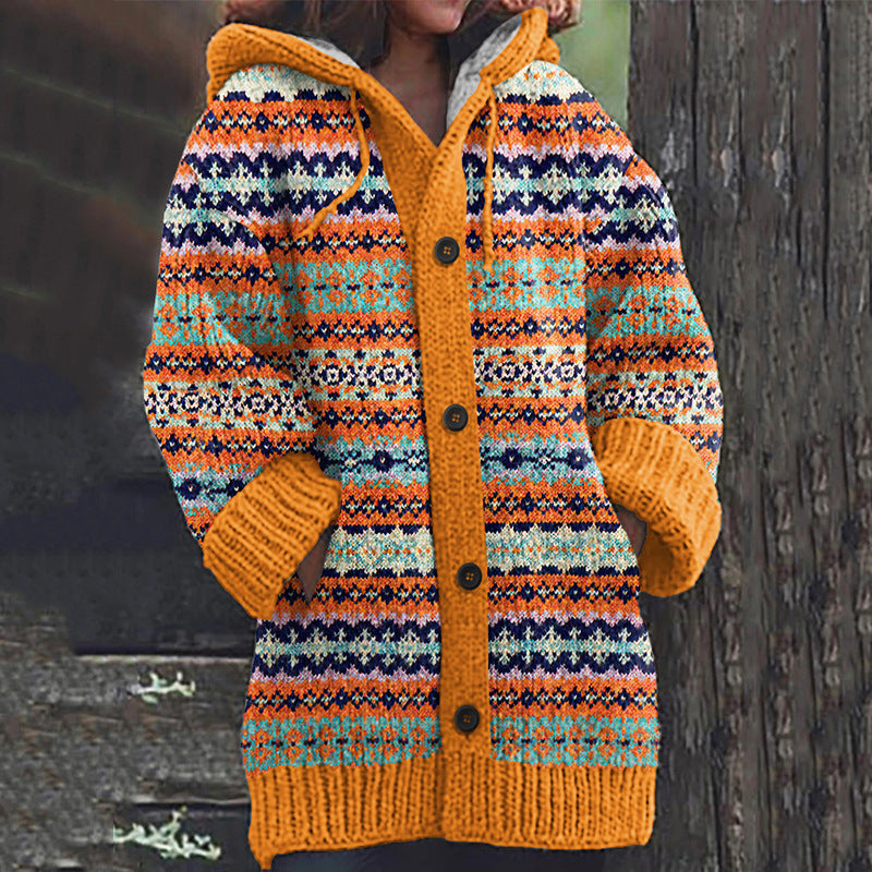 Bright multicolor knit cardigan with hood, button front, orange striped pattern
