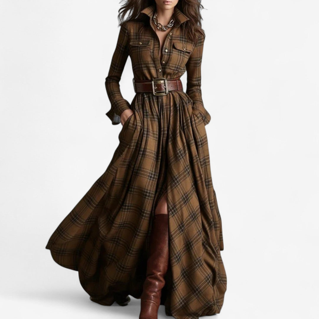 Brown plaid maxi shirt dress with button front and waist belt