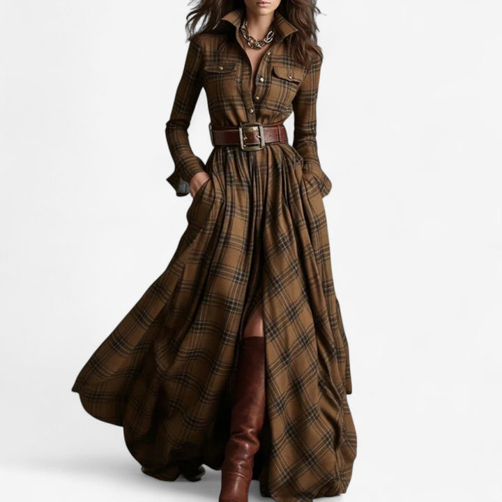 Brown plaid maxi shirt dress with button front and waist belt