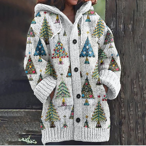 ASHLEY hooded crocheted vest, white with colorful Christmas tree print and dark button front