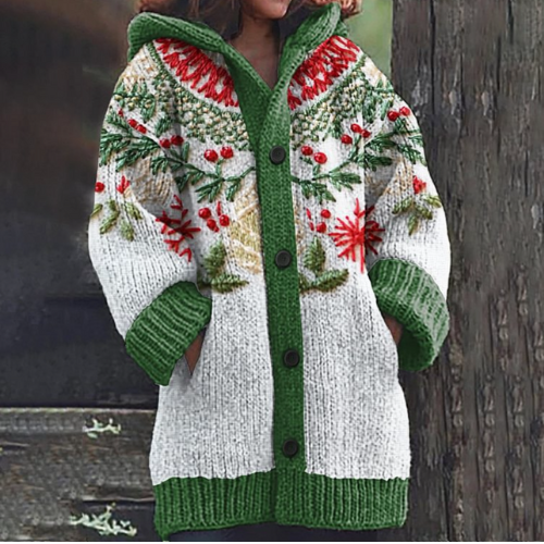 ASHLEY hooded crocheted vest, white with green trim and red/green holiday motifs