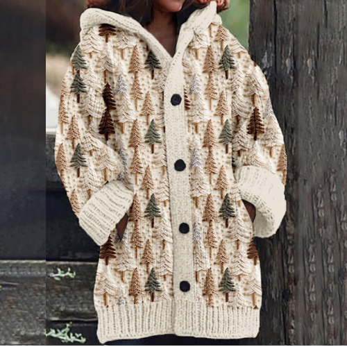 Hooded knit cardigan in cream with allover forest tree pattern, black buttons