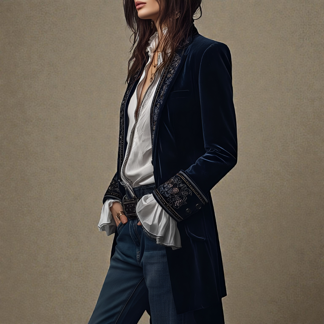 Midnight navy velvet blazer with embroidered trim and open front over a satin blouse
