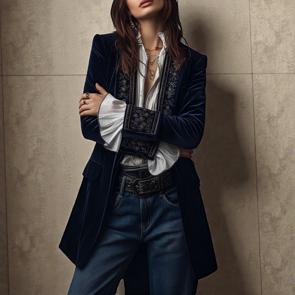 Midnight navy velvet blazer with embroidered trim, tailored lapels, and buttonless front