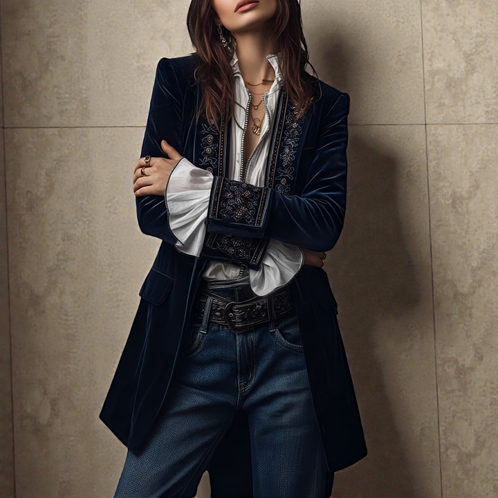 Midnight navy velvet blazer with embroidered trim, tailored lapels, and buttonless front