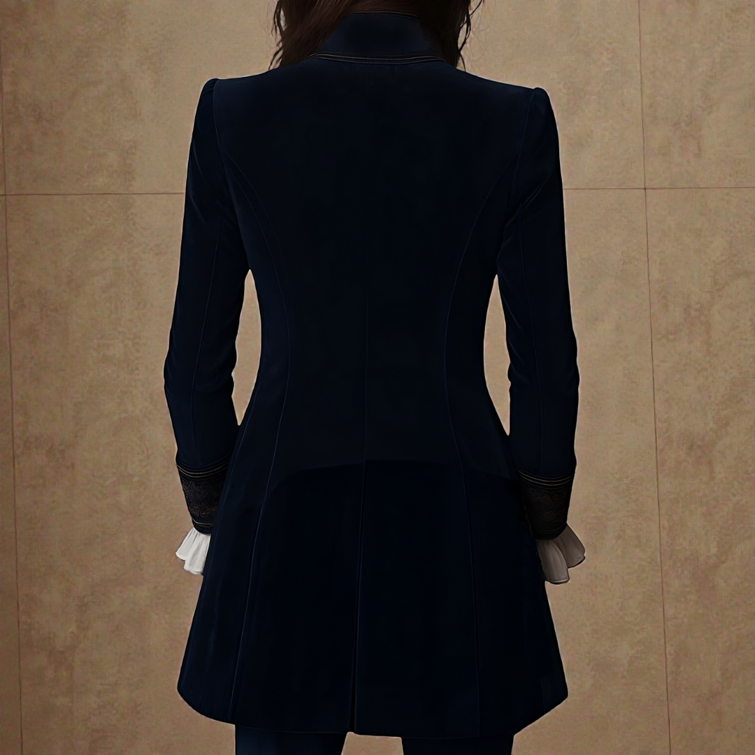 Midnight navy velvet statement blazer, tailored back view with button detail