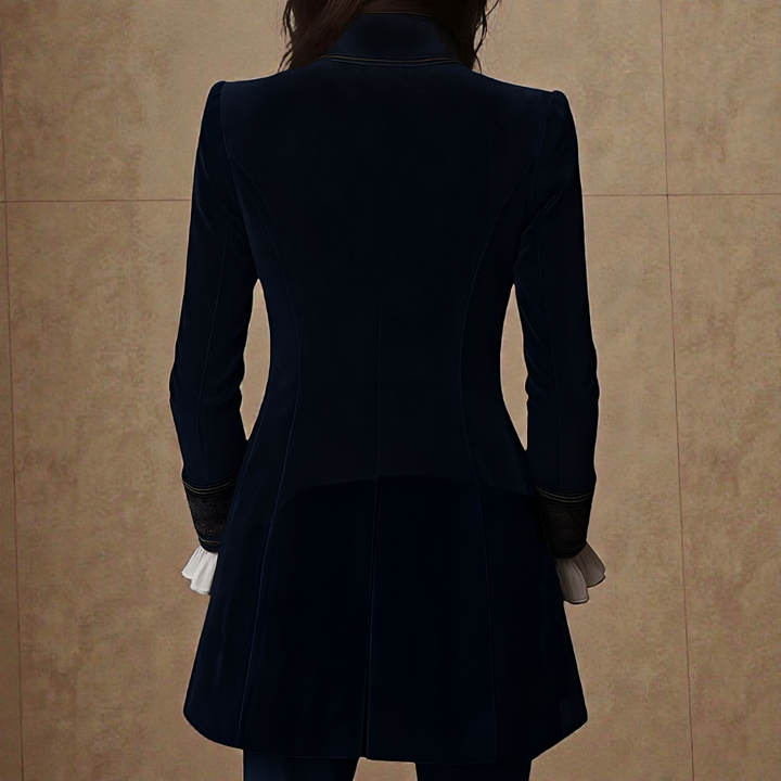 Midnight navy velvet statement blazer, tailored back view with button detail