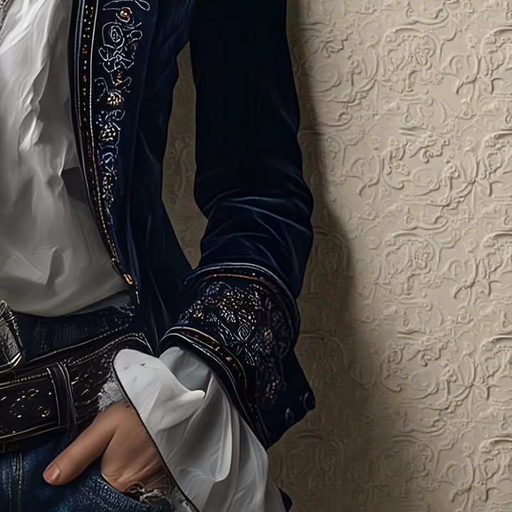 Midnight navy velvet blazer cuff with decorative embroidered trim and contrast buttons
