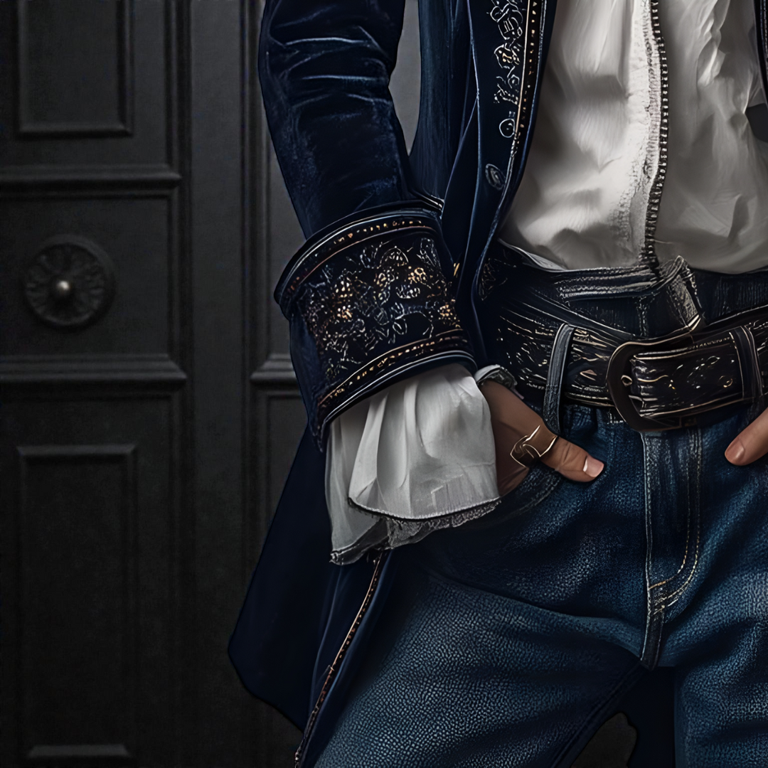 Midnight navy velvet statement blazer with gold embroidered cuffs and trim