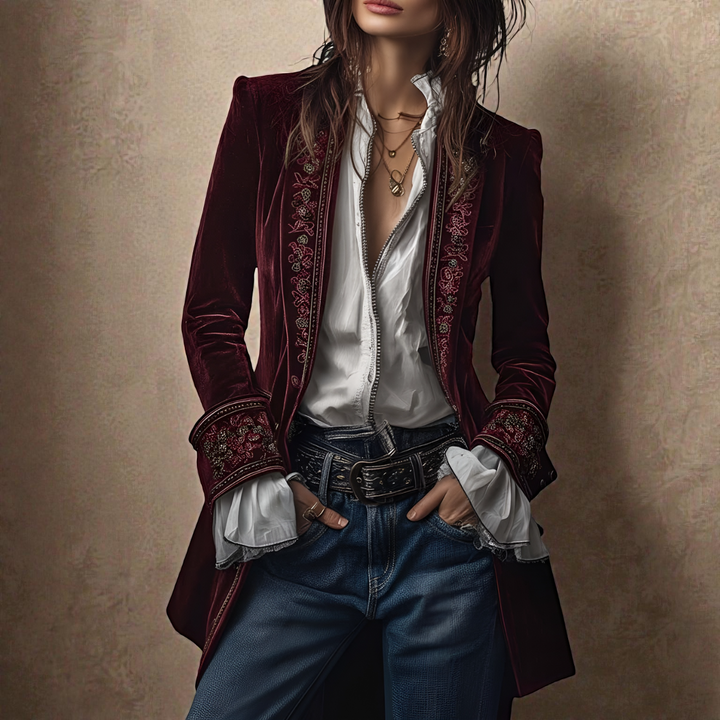 Berry red velvet blazer with embroidered trim at lapels and cuffs, long tailored fit
