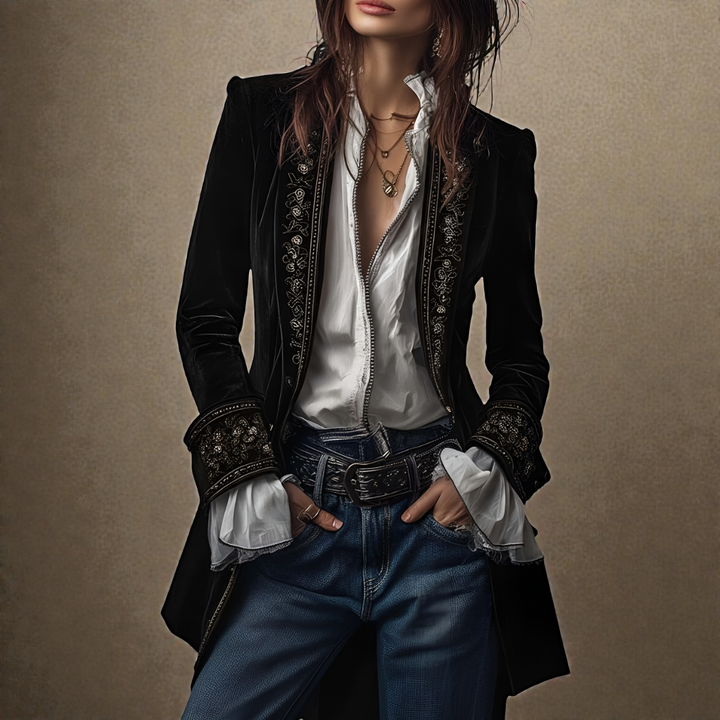 Black velvet blazer with embroidered trim at lapels and cuffs, tailored long silhouette