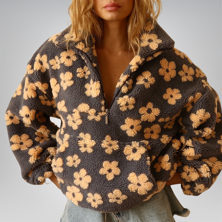 Floral fleece half-zip pullover with hood, dark with tan and yellow flower print