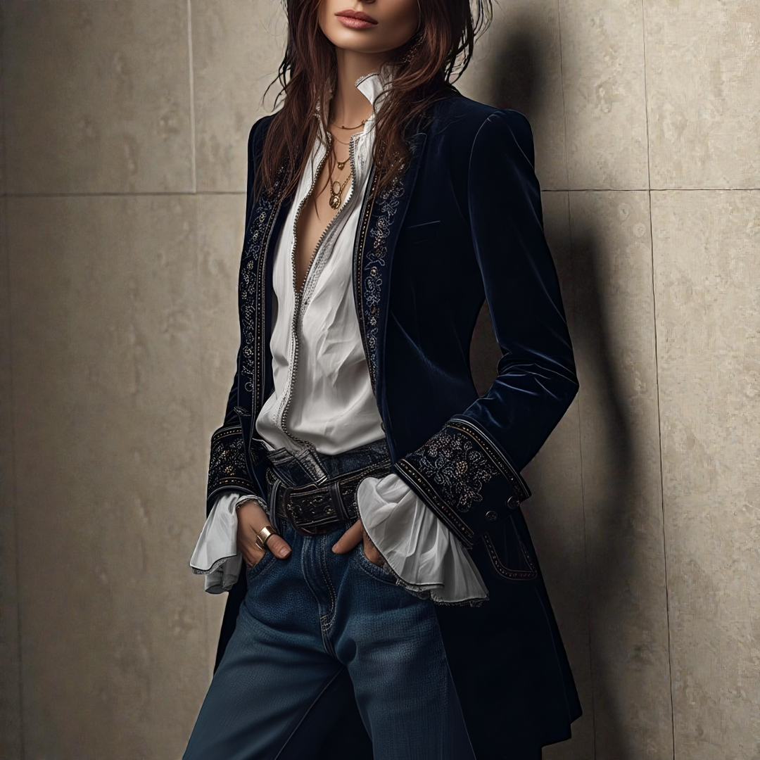 Midnight navy velvet blazer with embroidered panel trim along lapels and cuffs