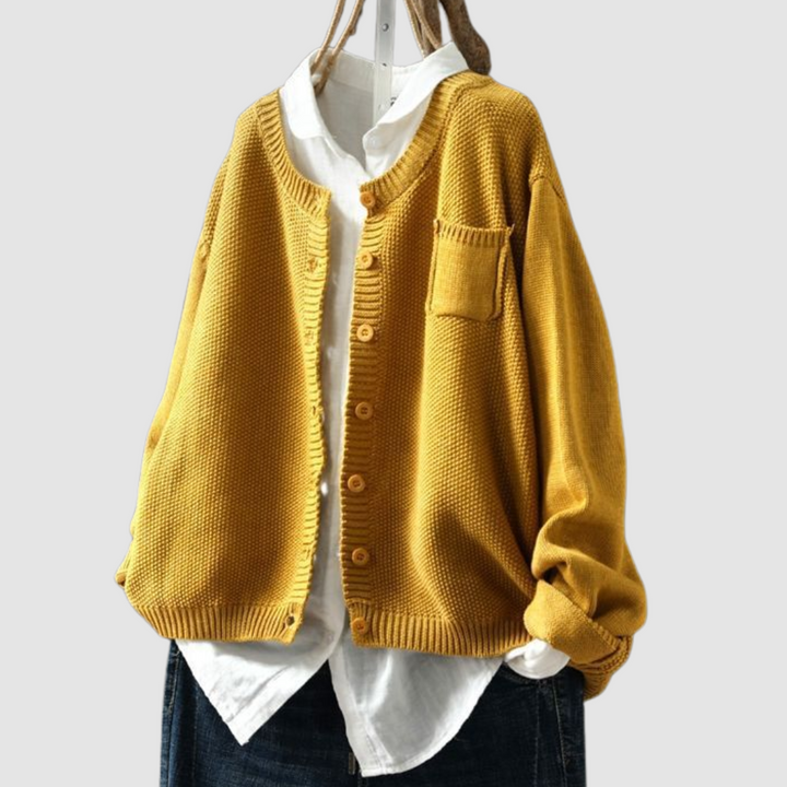 Margriet soft knit cardigan, mustard yellow, button front and side pockets