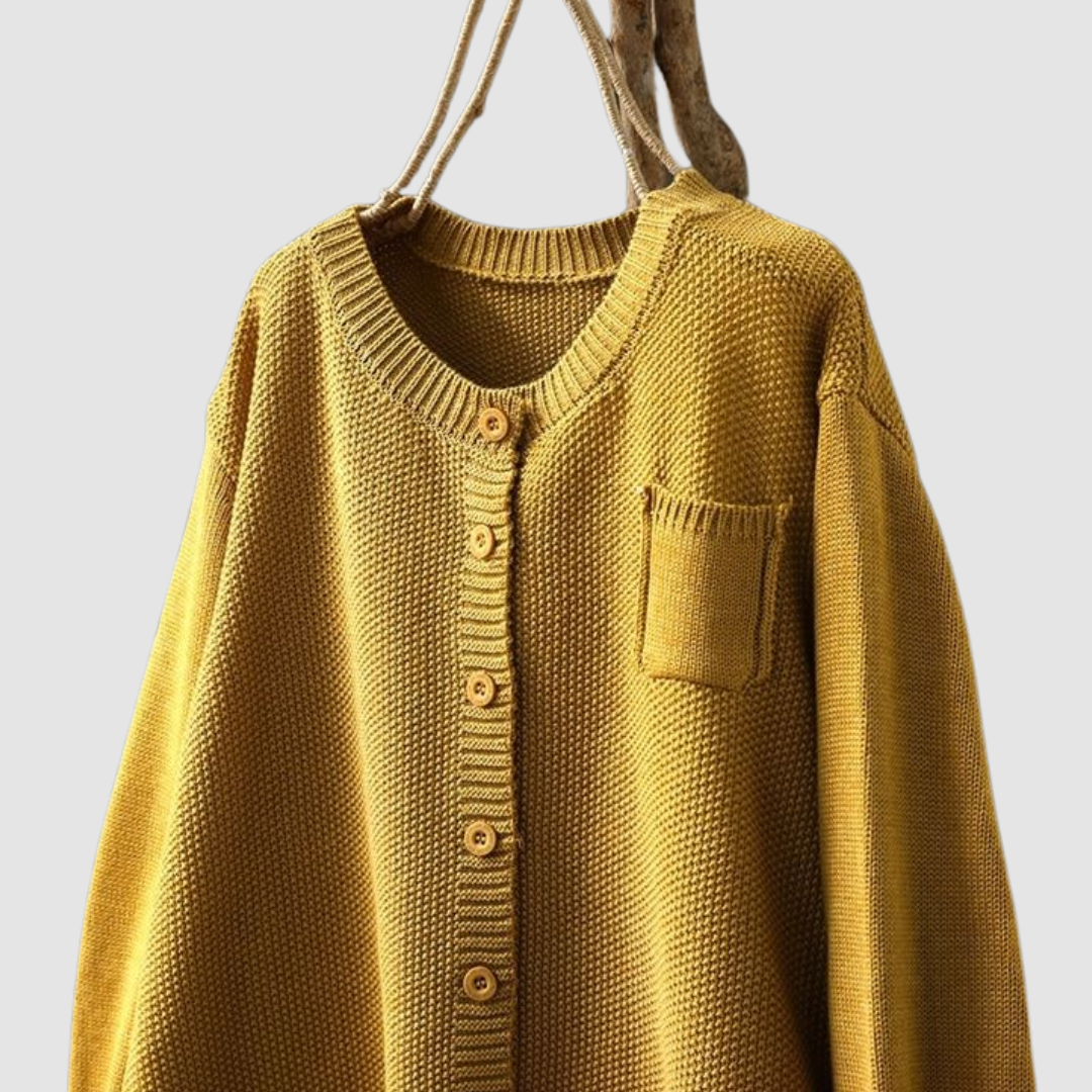 Margriet soft knit cardigan in mustard yellow, round neckline, button placket, chest pocket
