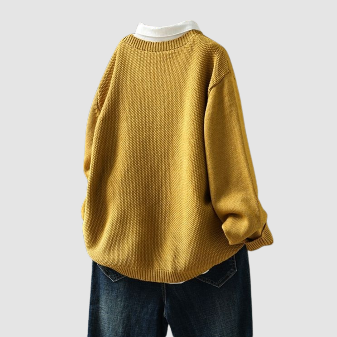 Margriet soft knit cardigan, mustard yellow, crew neckline, long sleeves